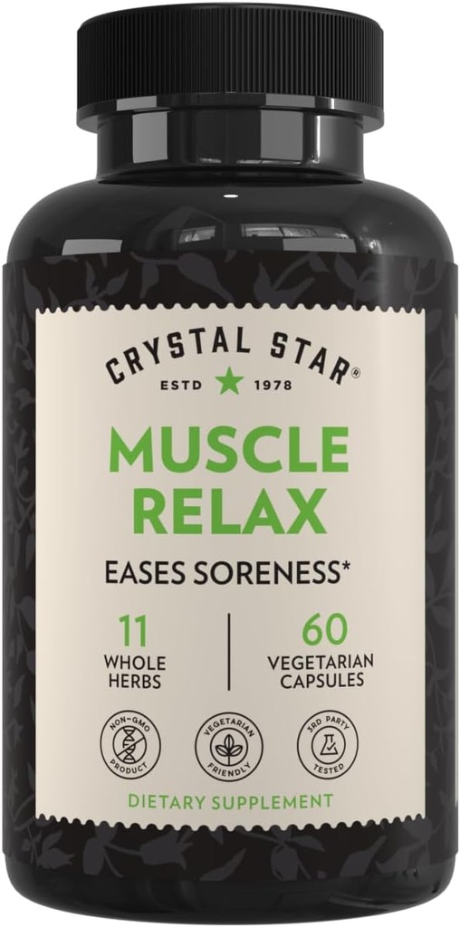 Crystal Star Muscle Relax (60 kapslar) - Herbal Relief från ömma muskler, kramper och spasmer - Valerian Root, Jamaica Dogwood & Cramp Bark - Non-GMO