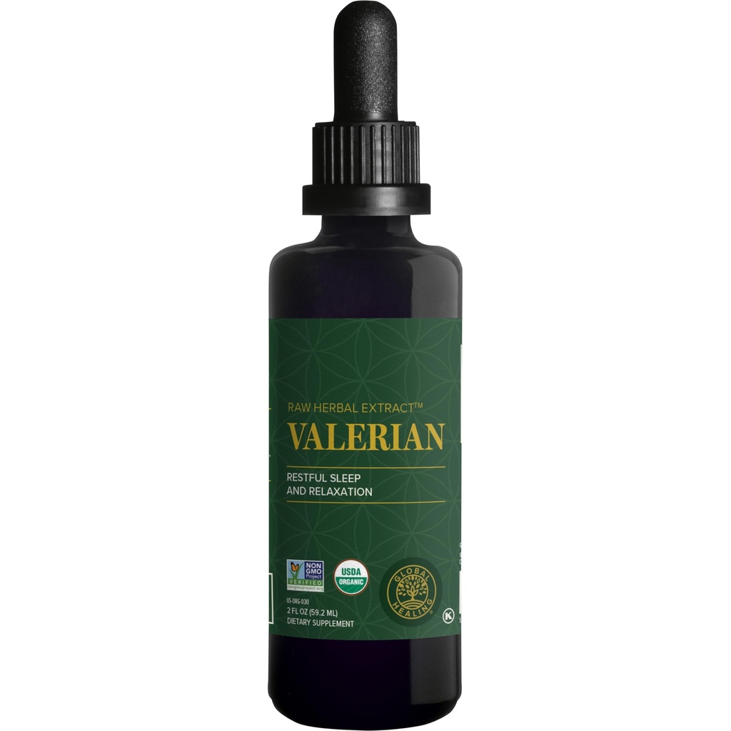 Global Healing Organic Valerian Root Extract Liquid Supplement - Raw Herbal Extract för hälsosam avkoppling, sömn och lugn - Alternativ till Valerian Root Capsules för biotillgänglighet - 2 Fl Oz