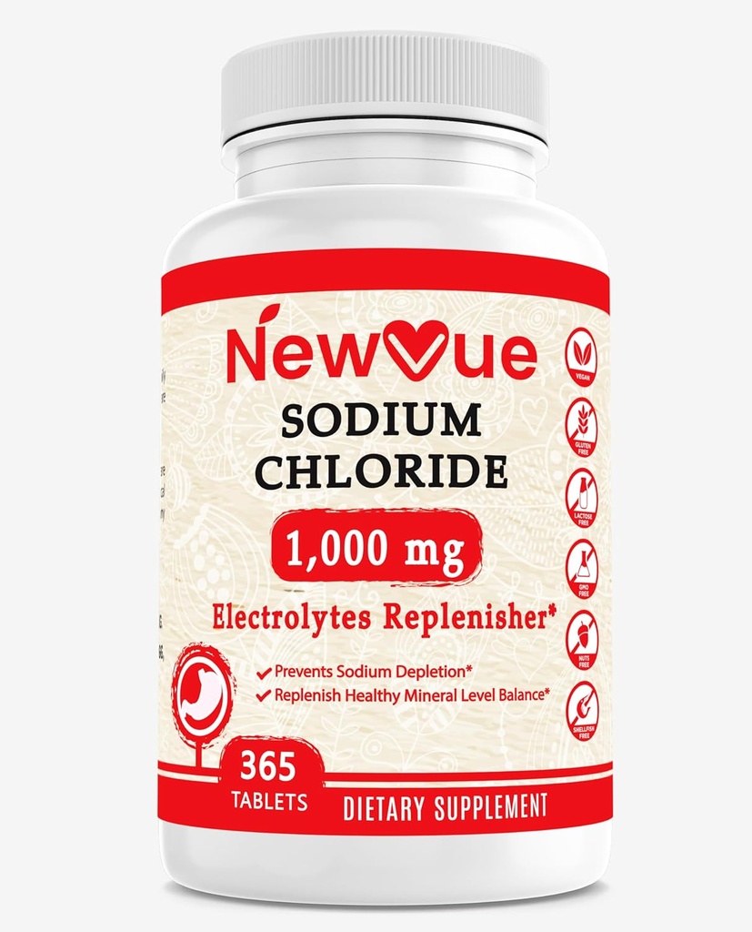 Natriumklorid 1000mg, 365 tabletter - Salt tabletter, icke-GMO, Glutenfri - Drick med Electrolytes Ersatt Hydration