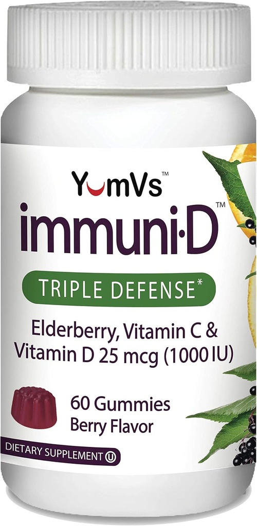 ImmuniD Elderberry Gummies av YumVs | Triple Defense Vitamins med Sambucus Elderberry, Vitamin C & Vitamin D | Komplett immunsystemstöd för kvinnor och män | Natural Berry Flavor-60 Count