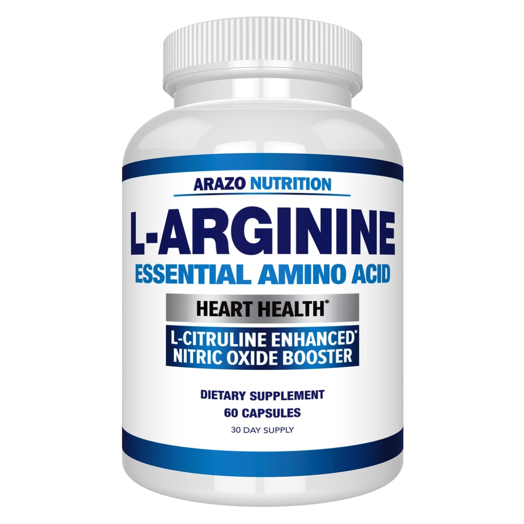Arazo Nutrition Premium L Arginine - 1340mg Nitric Oxide Booster med L-Citrulline & Essential Aminosyror för muskelvinst och energi - Kraftfull NO Booster att träna längre och hårdare - 60 kapslar