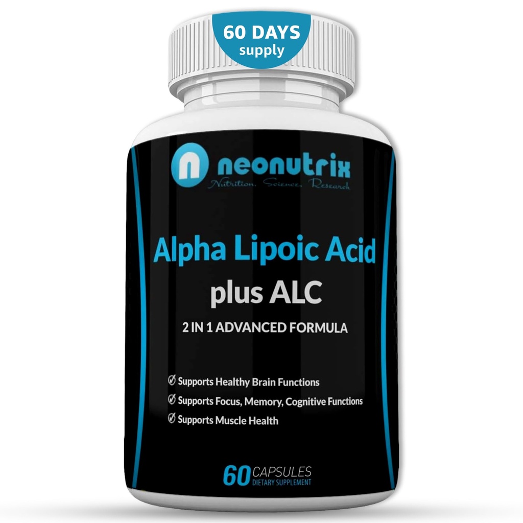 Alpha Lipoic Acid Plus Acetyl L-Carnitine Antioxidant Supplement ALA ALC för hälsosam hjärnfunktion och muskelstyrka, fokus, minne och kognitiv funktion för kvinnor och män - 60 kapslar av Neonutrix