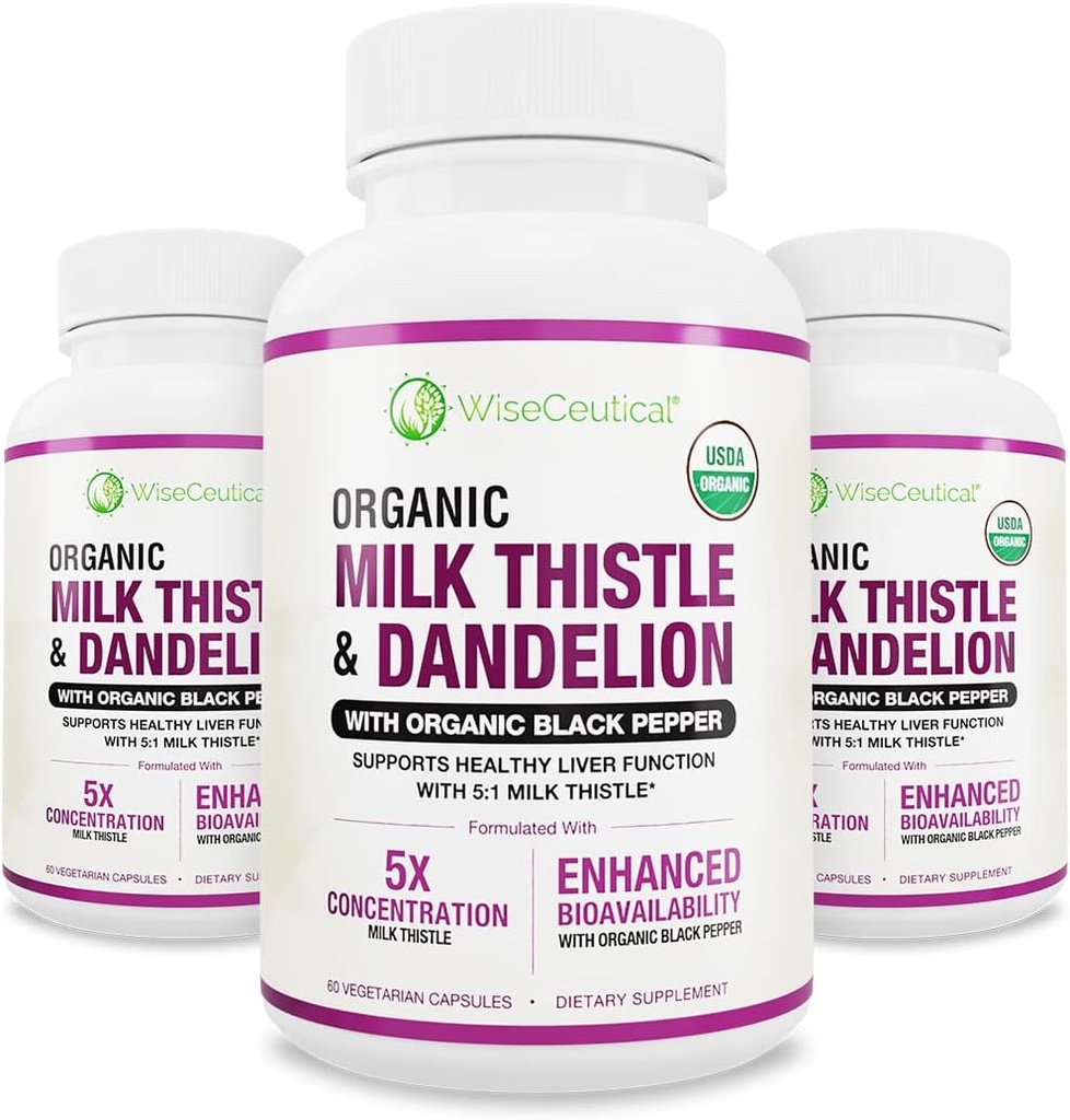 Max Absorption USDA Organic Milk Thistle Potent 5: 1 Koncentrerad extrakt (2000mg Styrka) & Organic Dandelion Root | Silymarin Antioxidant Flavonoid | Lever Support Supplement (60 greve av 3)