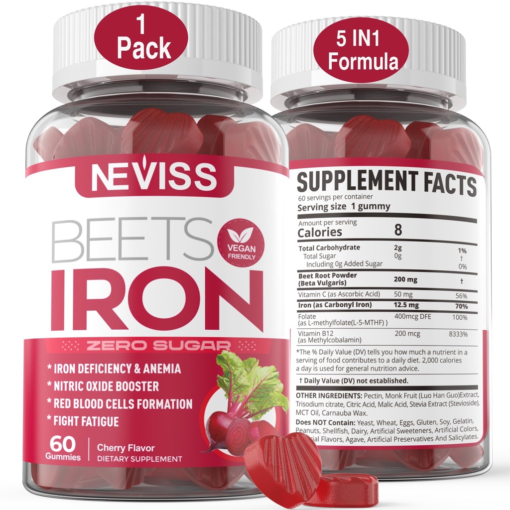 Beet Root Gummies med järn, Methyl B12, Folate, Vitamin C - Öka kväveoxid och järnnivåer, energistöd, kamptrötthet, Beetroot & Gentle Iron Supplement, Sugar Free, 60 grejer