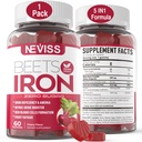Beet Root Gummies med järn, Methyl B12, Folate, Vitamin C - Öka kväveoxid och järnnivåer, energistöd, kamptrötthet, Beetroot & Gentle Iron Supplement, Sugar Free, 60 grejer