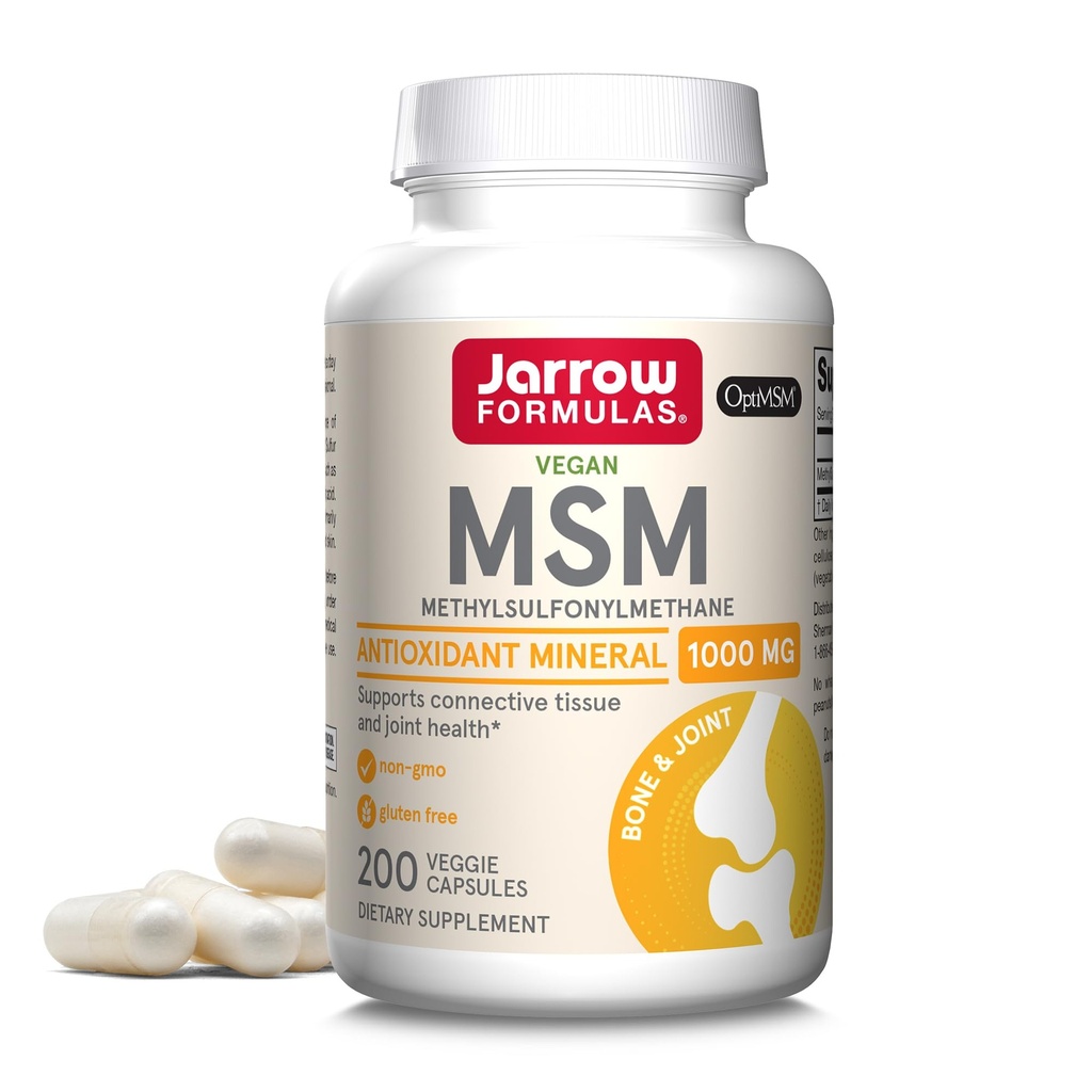 Jarrow Formulas MSM 1000 mg - 200 Veggie Capsules - Methylsulfonylmetan - Source of Sulfur - Dietary Supplement Supports & Strengthens Joints - Upp till 200 portioner