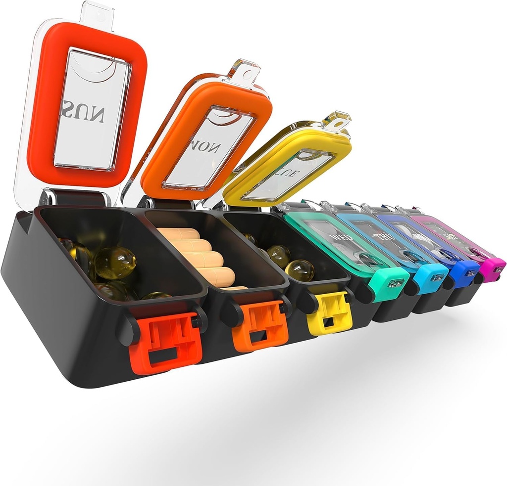BEXEEN Weekly Medicine Pill Organizer Waterproof 7 Day Large Pill Box Daily Pill Case Cute Vitamin Organizer Portable Pill Container Travel Pills Holder XL Supplement Medication Dispenser En dag