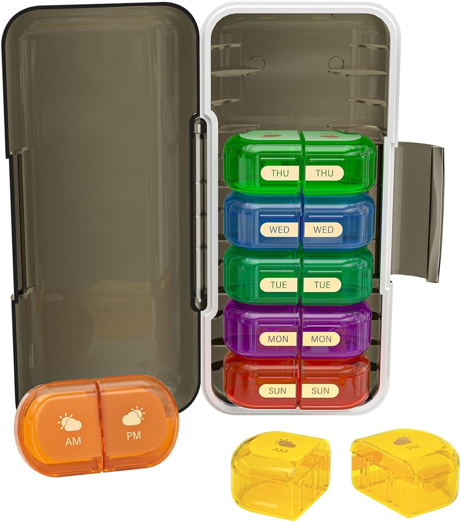 Weekly Pill Organizer 2 Times a Day, Moisture-Proof, Detachable Compartments, AM PM Pill Box 2x 7 Day, Travel Pill Organizer för Pills/Fish Oil/Medication/Vitamin/Supplements (Black + Colorful)