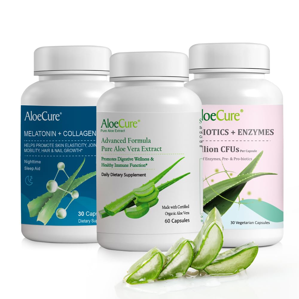 AloeCure Organic Aloe Vera Capsules Pack - 3 stycken - Melatonin + Collagen, Aloe Vera Capsules, Probiotic + Enzyme