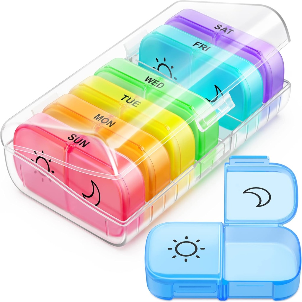 FEATY Weekly Pill Organizer 2 gånger om dagen med samma bild stora öppning för enkel fyllning och hämtning, färgspårning 7 Dag AM PM Pill Box med stor BPA gratis Pill Case för vitaminer, fiskoljor (Clear)