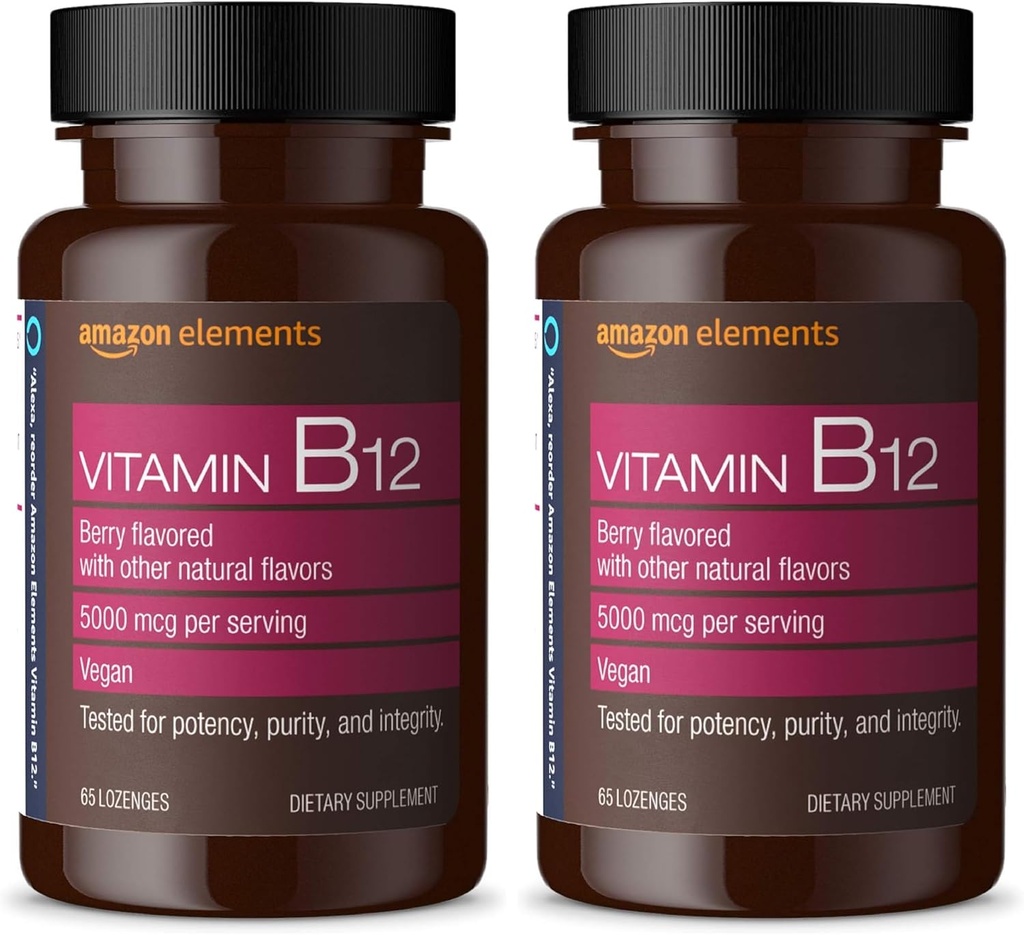 Elements Vitamin B12 Methylcobalamin 5000 mcg - Normal Energy Production och Metabolism, Immune System Support - 2 månaders leverans, Berry Flavored Lozenges, 65 Count (Pack of 2)