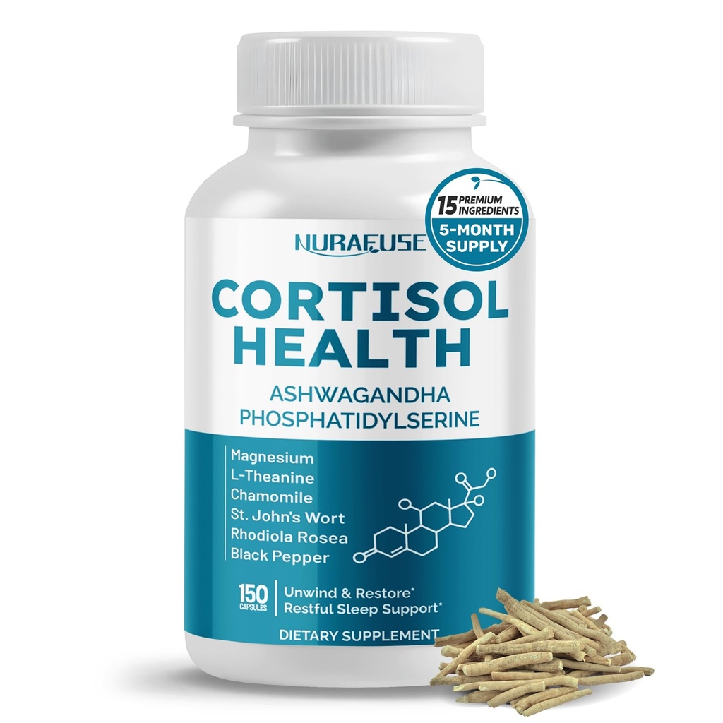CORTISOL Health Ashwagandha 15-i-1 Tillägg med Magnesium Phosphatidylserine L-Theanine Chamomile Rhodiola Rosea Licorice Holy Basil - Tillverkad i USA