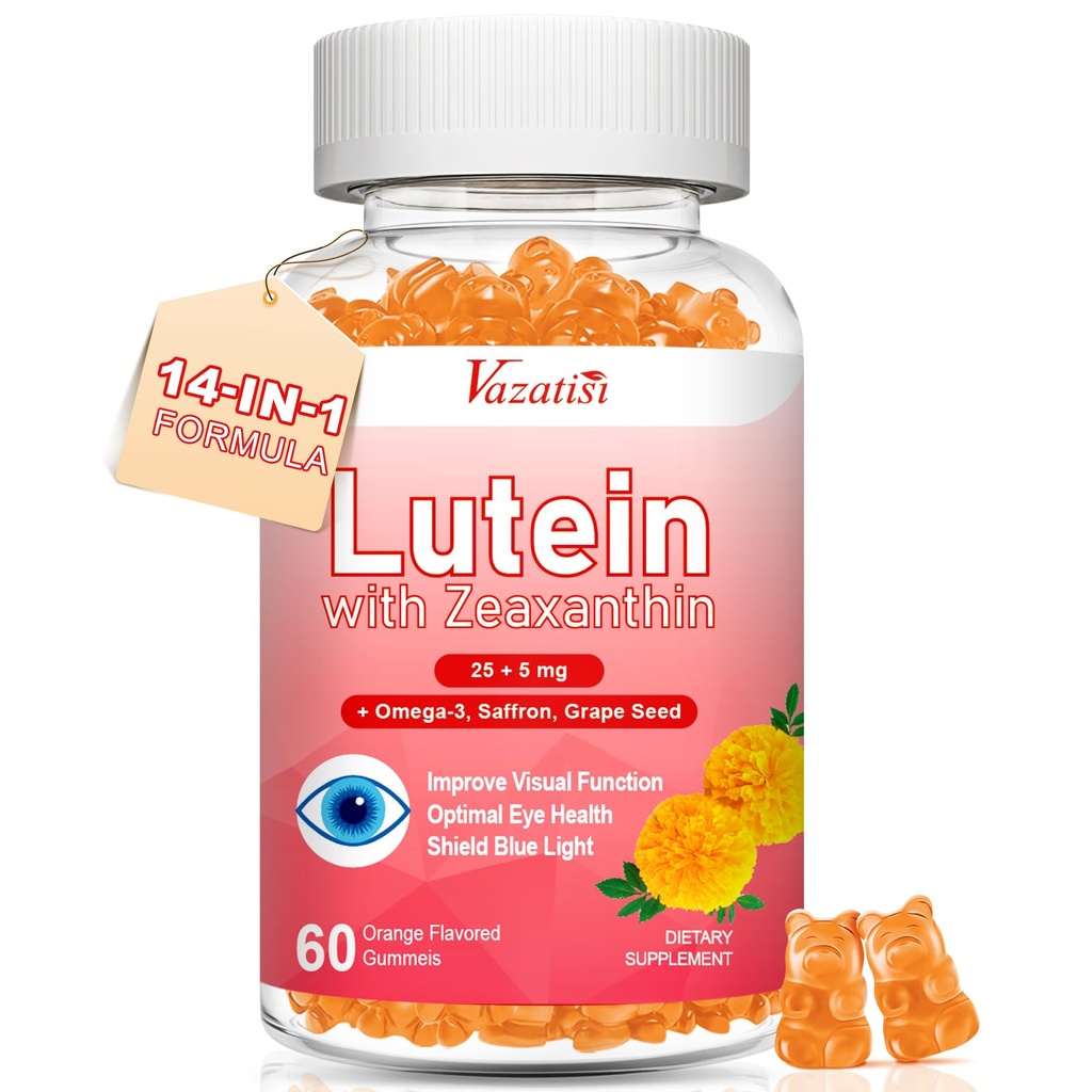 Lutein och Zeaxanthin Supplements Gummies, Advanced Eye Vitamin Supplement med Bilberry, Saffron, Grape Seed, Omega 3 för Macular Health, Dry Eye, Visual Function - Orange Flavor, 60 Count