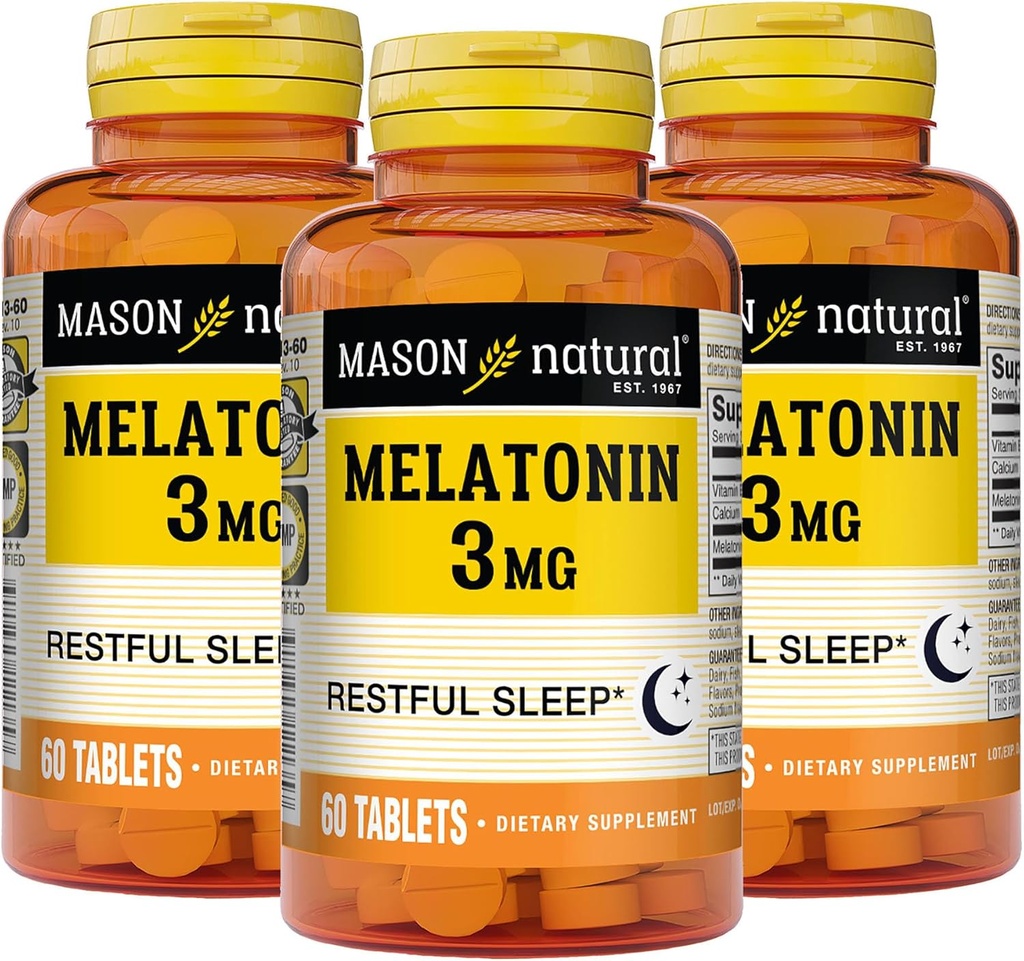 MASON NATURAL Melatonin 3 mg med B6 & Calcium, Natural Sleep Aid, stödjer Restful Sleep, 60 tabletter (Pack of 3)