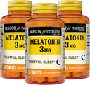 MASON NATURAL Melatonin 3 mg med B6 & Calcium, Natural Sleep Aid, stödjer Restful Sleep, 60 tabletter (Pack of 3)