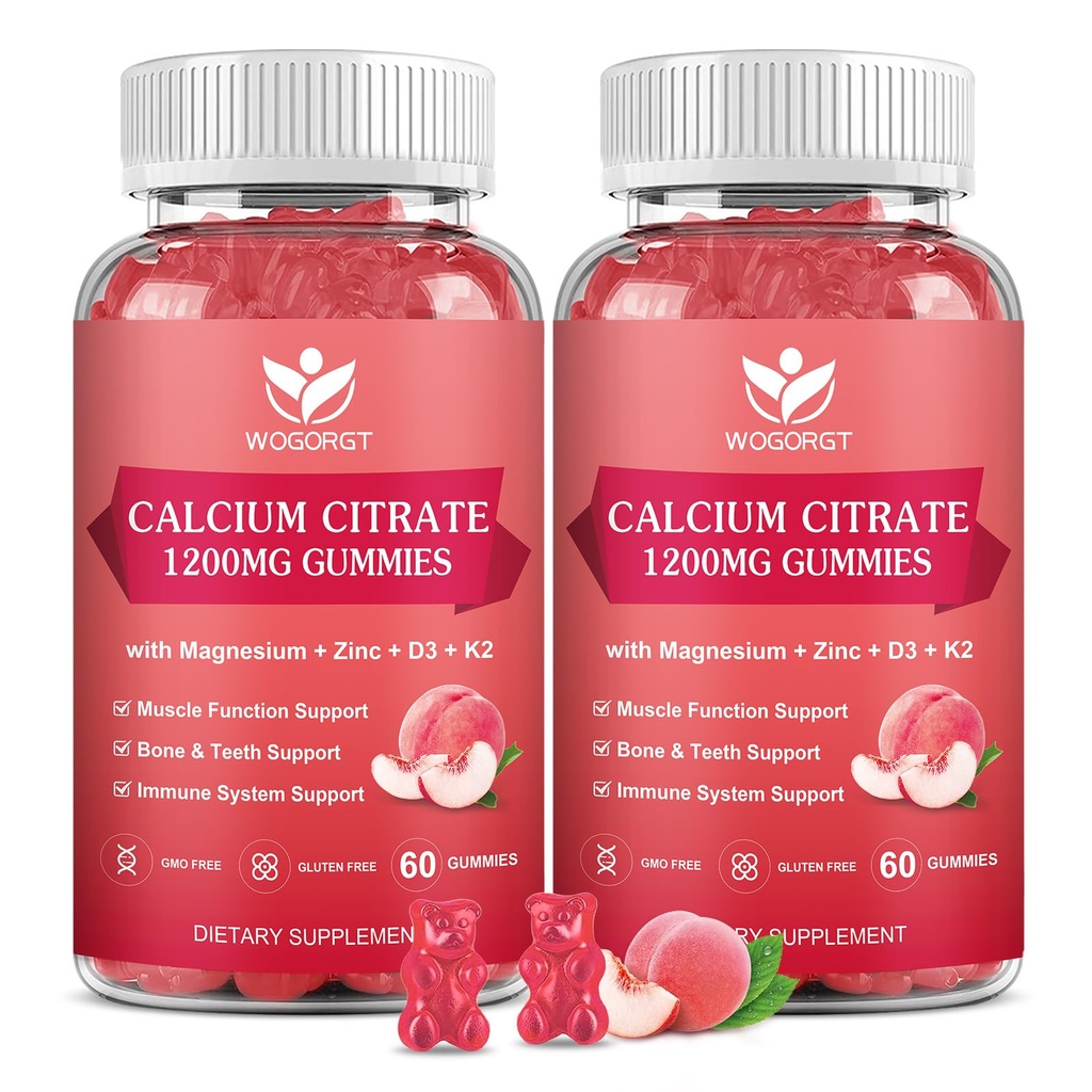 Calcium Citrate 1200mg Gummies med vitamin D3, K2 - Chewable Calcium Magnesium Zink d3 Tillägg med Sea Moss Extract för ben, tänder, immunstöd för kvinnor och män, Peach Flavor-60 Gummies (2Pack)