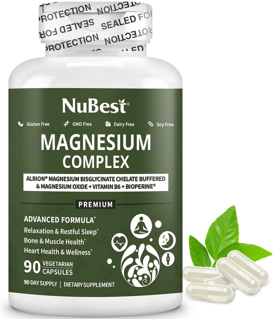 Magnesium Glycinate kelatkomplex med Albion Magnesium Bisglycinate kelat, vitamin B6 & BioPerine för ben, muskel, naturlig sömn, nervfunktion, hjärnbooster | 1 månads leverans