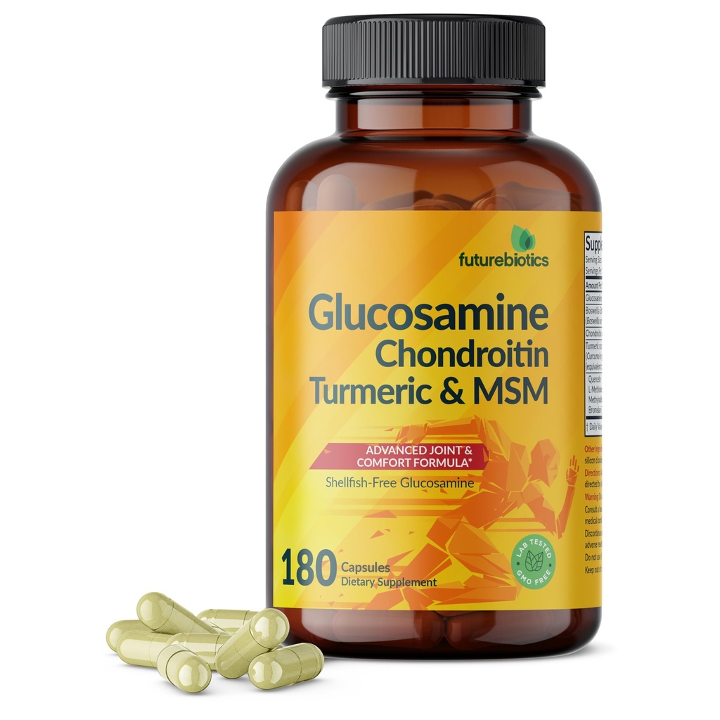 Futurebiotics Glucosamine Chondroitin Turmeric & MSM Advanced Joint Formel, Stöder Hälsosamma Joints & Mobility - Icke-GMO, 180 kapslar