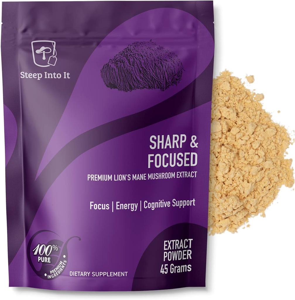 Organiska Lions Mane Mushroom Supplement - Lions Mane Extract Powder för mental klarhet, fokus och kognitiv funktion (45g, 30 portioner) - Sharp & Fokuserad