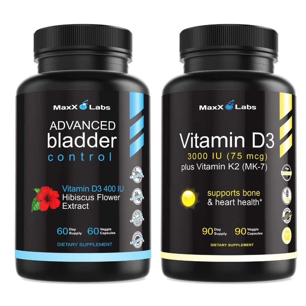 Advanced Bladder Control Supplements for Women & Men 60Ct + Vitamin D3 K2 3000 IE med vitamin K som MK-7 från Natto Support Healthy Bones, Teeth, Heart & Immune Function 90Ct