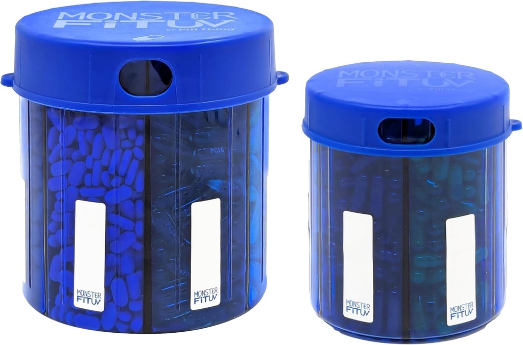 Monster Supplement Medication Pill Dispenser med Compartment Labels - Extra Large Pill Container Bottle Handles nästan alla tillägg - Lätt att Dispensera (Monster Blue & Monster Jr Blue)
