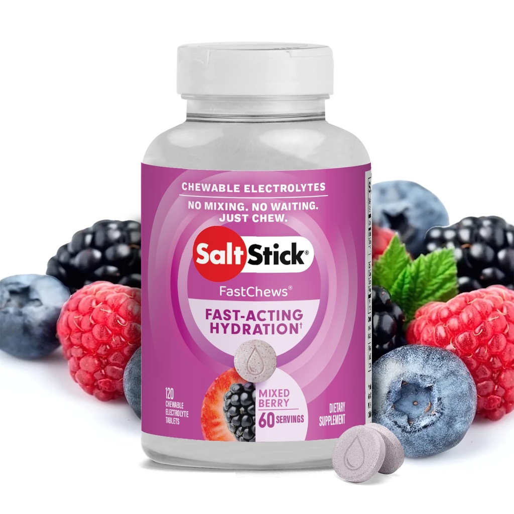 SaltStick Electrolyte FastChews - 120 blandade Berry Chewable Electrolytes - Salt tabletter för körning och hydrering, Electrolyte Chews - 120 greve