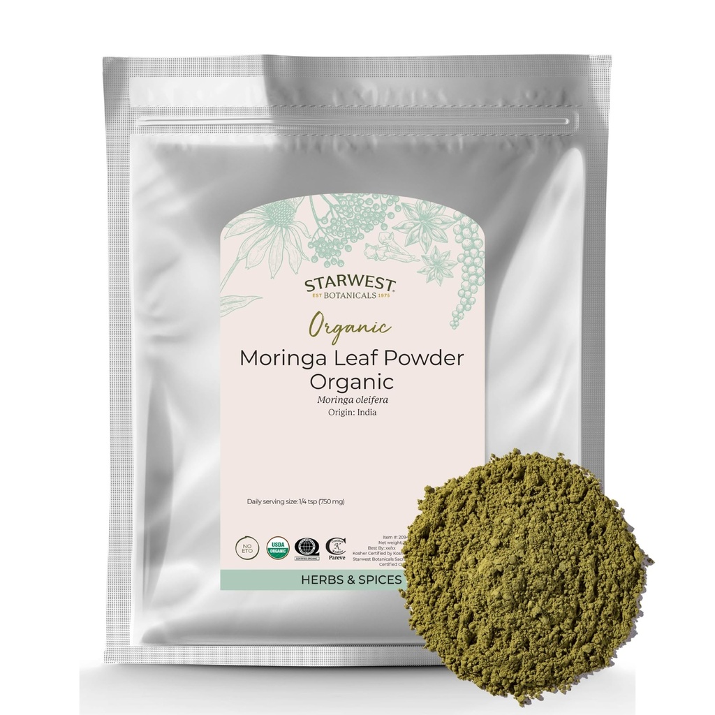 Starwest Botanicals Organic Moringa Leaf Powder - Green Superfood Powder för te, kapslar, juice och smoothies, naturlig källa av antioxidanter, certifierad Kosher, Non GMO - Bulk 1 lb Bag