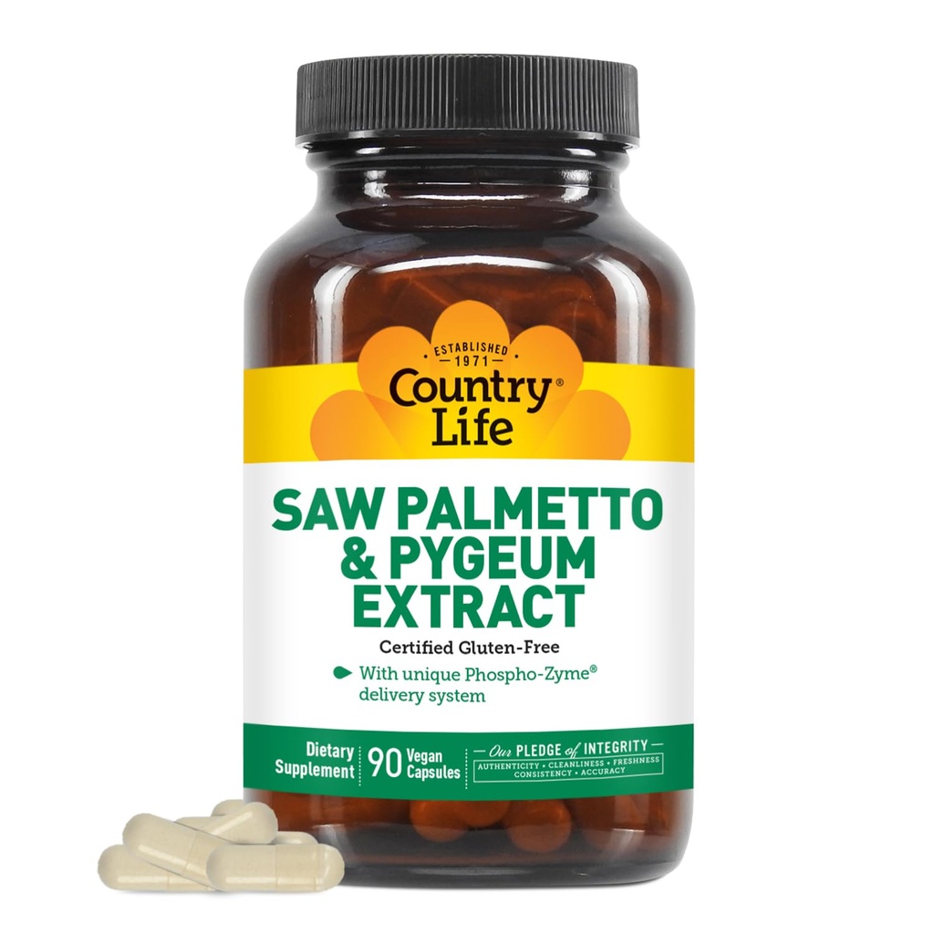 Country Life Saw Palmetto & Pygeum Extract - Prostate Health Supplement för Mäns hälsa - främjar hälsosam urinvägsfunktion, 90 kapslar