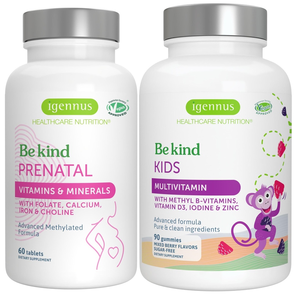 High Absorption Methylated Prenatal + Advanced Kids Multivitamin Gummy Vegan Bundle, Clean Label med vitamin A, B, C, D3 & E, 60 tabletter + 90 Berry Flavor Gummies, Var snäll med Igennus