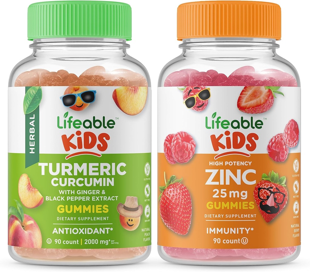 Livliga gurkmeja Curcumin Kids + Zink 25mg Kids, Gummies Bundle - Great Tasting, Vitamin Supplement, Gluten Free, GMO Free, Chewable Gummy