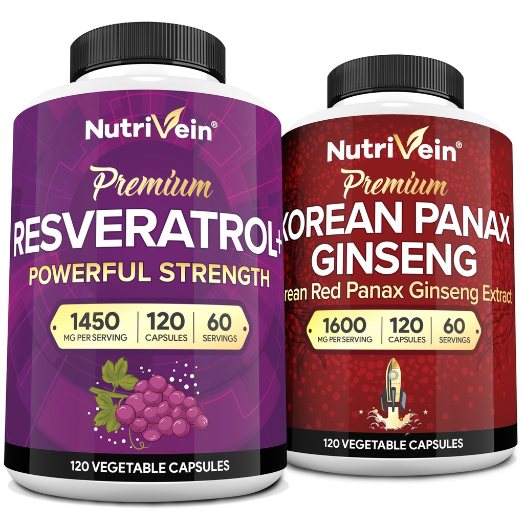 Nutrivein Premium Korean Panax Ginseng Supplement & Resveratrol Supplement Bundle: High-Absorption Resveratrol Capsules & Ginseng för hjärna, försvar, reparation och vitalitet