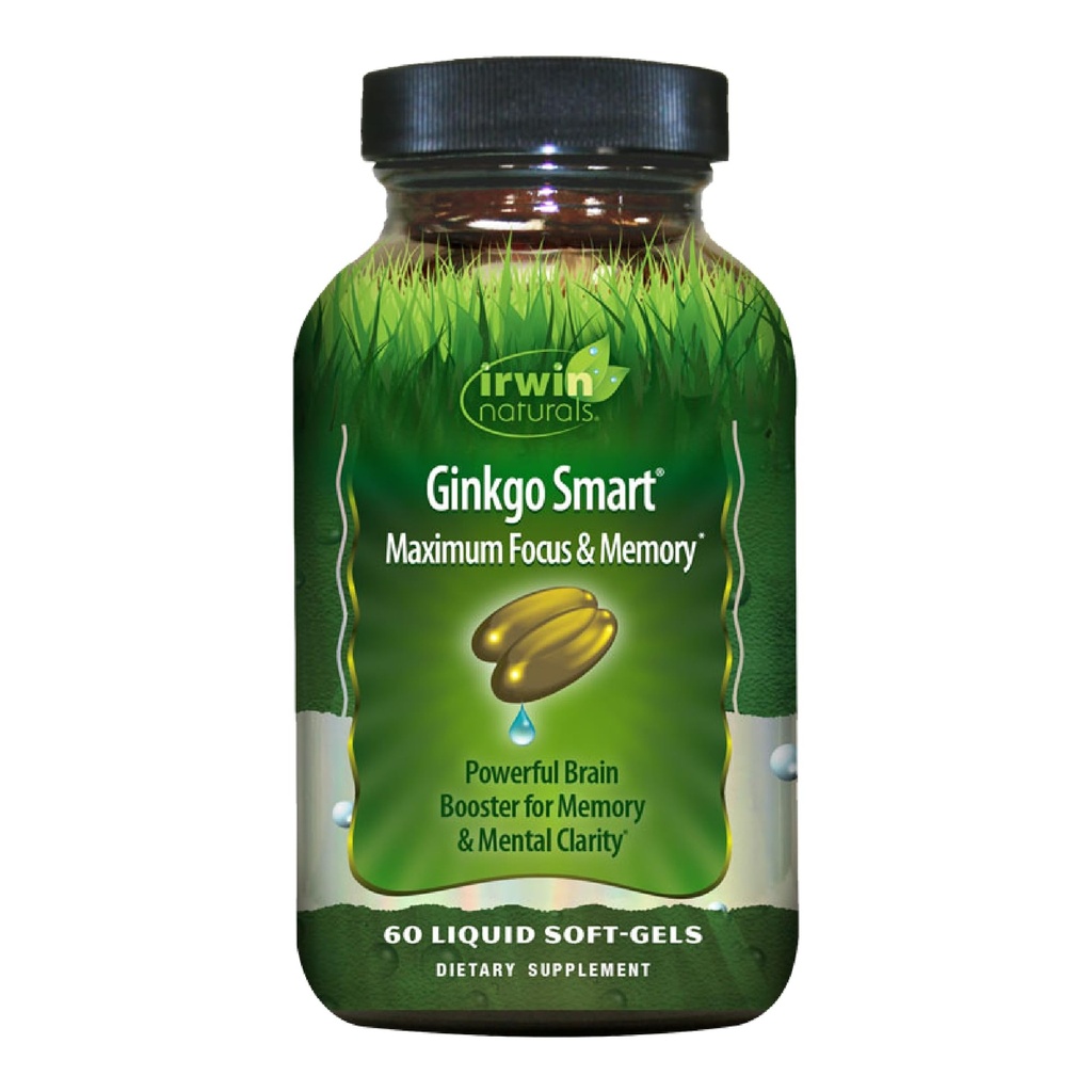 Irwin Naturals Ginkgo Smart Powerful Nootropic Brain Booster - Stöder maximalt minne, fokus och mental klarhet med DMAE, Clubmoss, Choline & Acetyl L-Carnitine - 60 Liquid Softgels