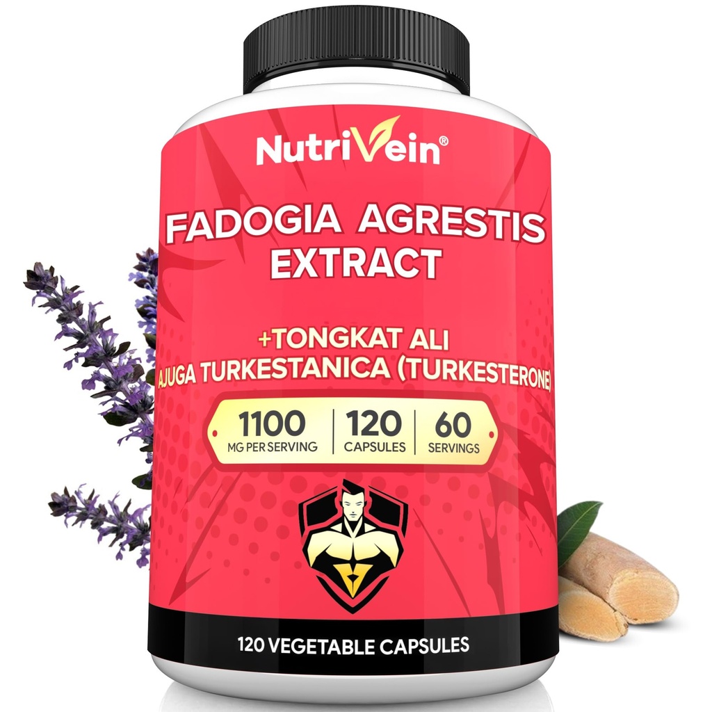 Nutrivein Premium Fadogia Agrestis och Tongkat Ali Supplement med Turkesterone - 1100 mg - 120 Caps - Synergistisk Blend för prestanda, styrka och återhämtning för män och kvinnor i alla åldrar