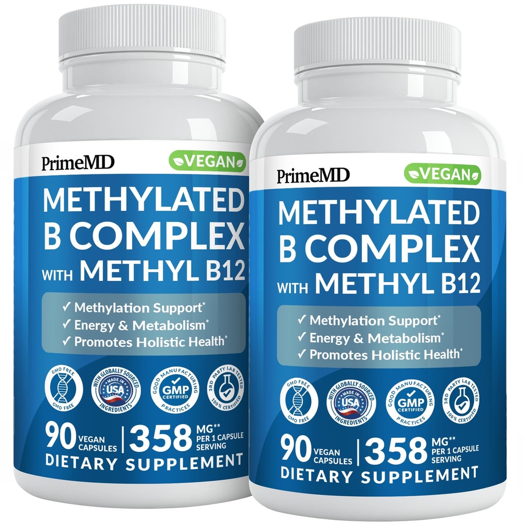 Metylerad B-komplex med Methylfolate och B12 Methylcobalamin 1000 mcg - Methylated Multivitamin för energi, hjärnfunktion och Wellness - Vitamin B-komplex för män och kvinnor (180 portioner, paket med 2)
