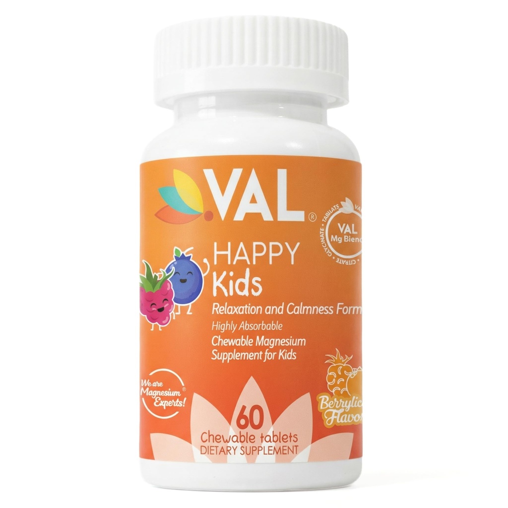 VAL Magnesium för barn | High-Absorption Magnesium för lugn, avkoppling och fokus | Mg Glycinate, Citrate & Taurate | med vitamin B6, D & C | Sugar-Free, Icke-GMO | 60 Chewabletter