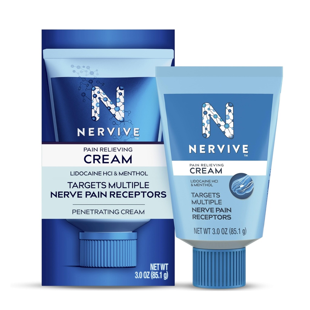 Nervive Pain Relieving Cream, Max Strength Non-Greasy Topical Pain Reliever med Lidocaine och Menthol för tår, fötter, fingrar, händer, ben och armar, 3.0oz