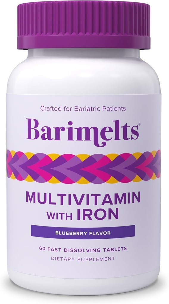 BariMelts Bariatric Multivitamin med järn - 1 månads leverans (60 Fast-Dissolving tabletter) - Sugar-Free - Post-Op Bariatric Vitamins - Naturlig Blueberry smak