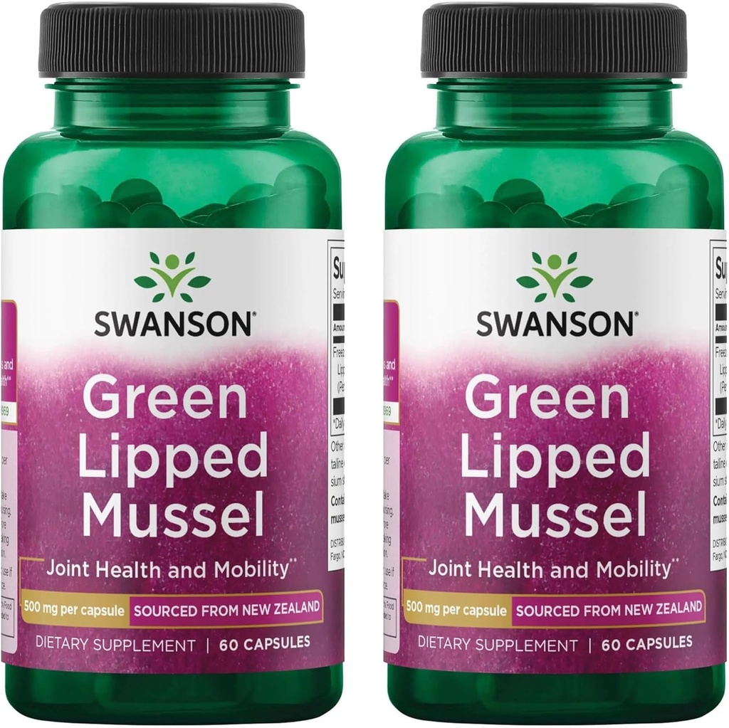 Swanson Green Lipped Mussel (Freeze-Dried) - Nya Zeeland Joint Health & Mobility Supplement - Natural Formel kan stödja hjärthälsa och matsmältningsfunktion - (60 kapslar, 500 mg vardera) (2 Pack)