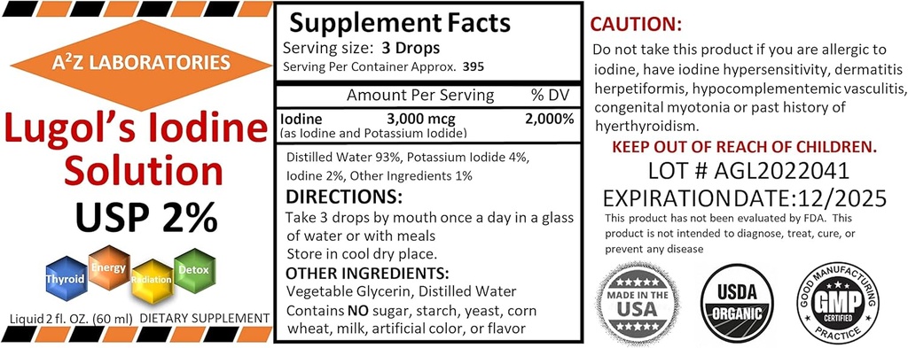 2 x 2 OZ Pack A2Z Organic Lugol's Iodine and Potassium Iodide 2% Lösning 3000 mcg - Liquid Supplement Drops för sköldkörtelstöd för kvinnor och män, Metabolism Health, Detox Boost -2X 2 Fl Oz / USA