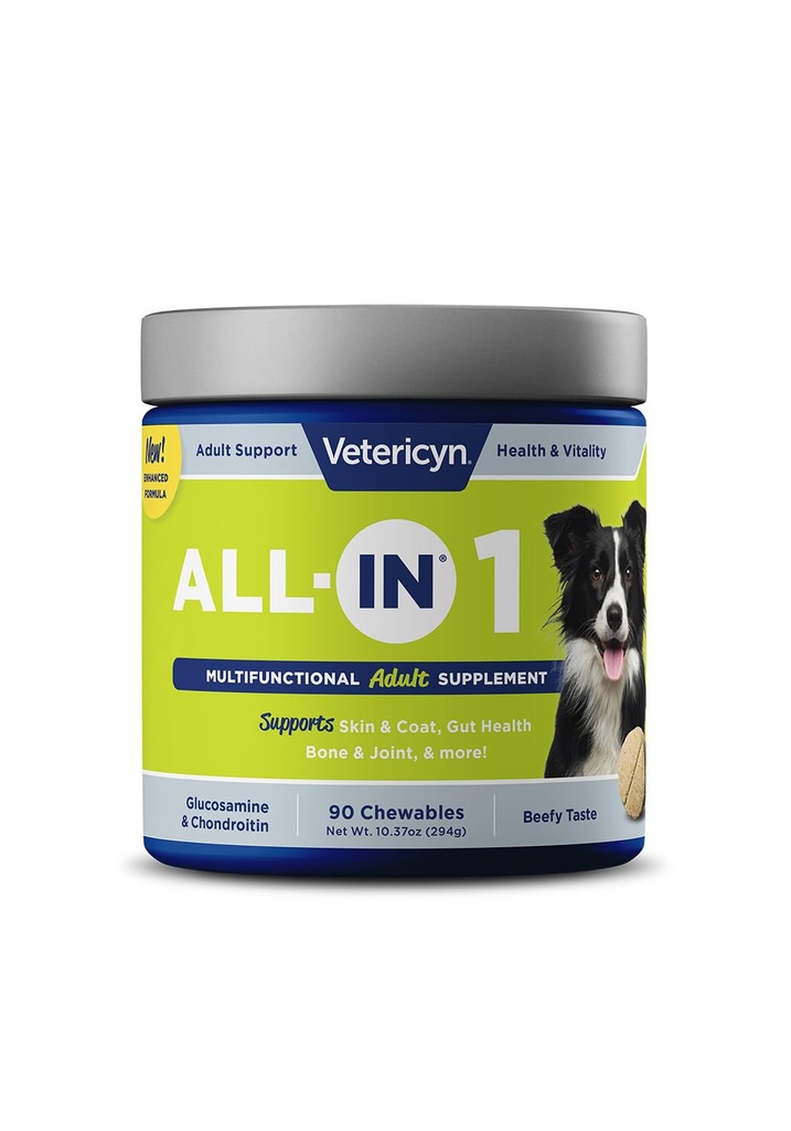 Vetericyn All-in 1 Multifunktionell hundtillskott | Digestive Enzymes + Glukosamin och Chondroitin för ben och gemensamt stöd + vitaminer, antioxidanter, prebiotika, probiotika och omegas. 90 greve