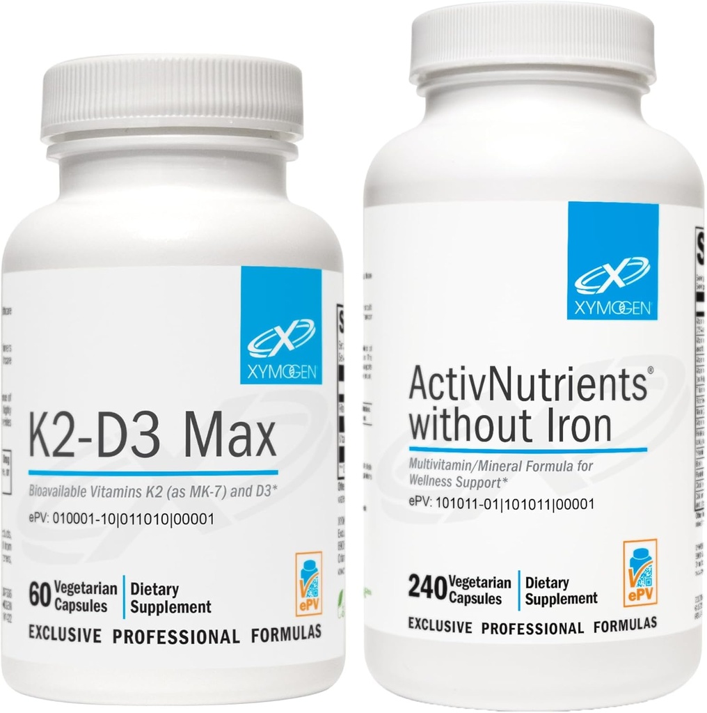 XYMOGEN AktivNutrienter utan järn (240 kapslar) + K2-D3 Max (60 kapslar) - Multivitamin för energi och humörsupport med vitamin D 5000 IE kapslar + Vitamin K2
