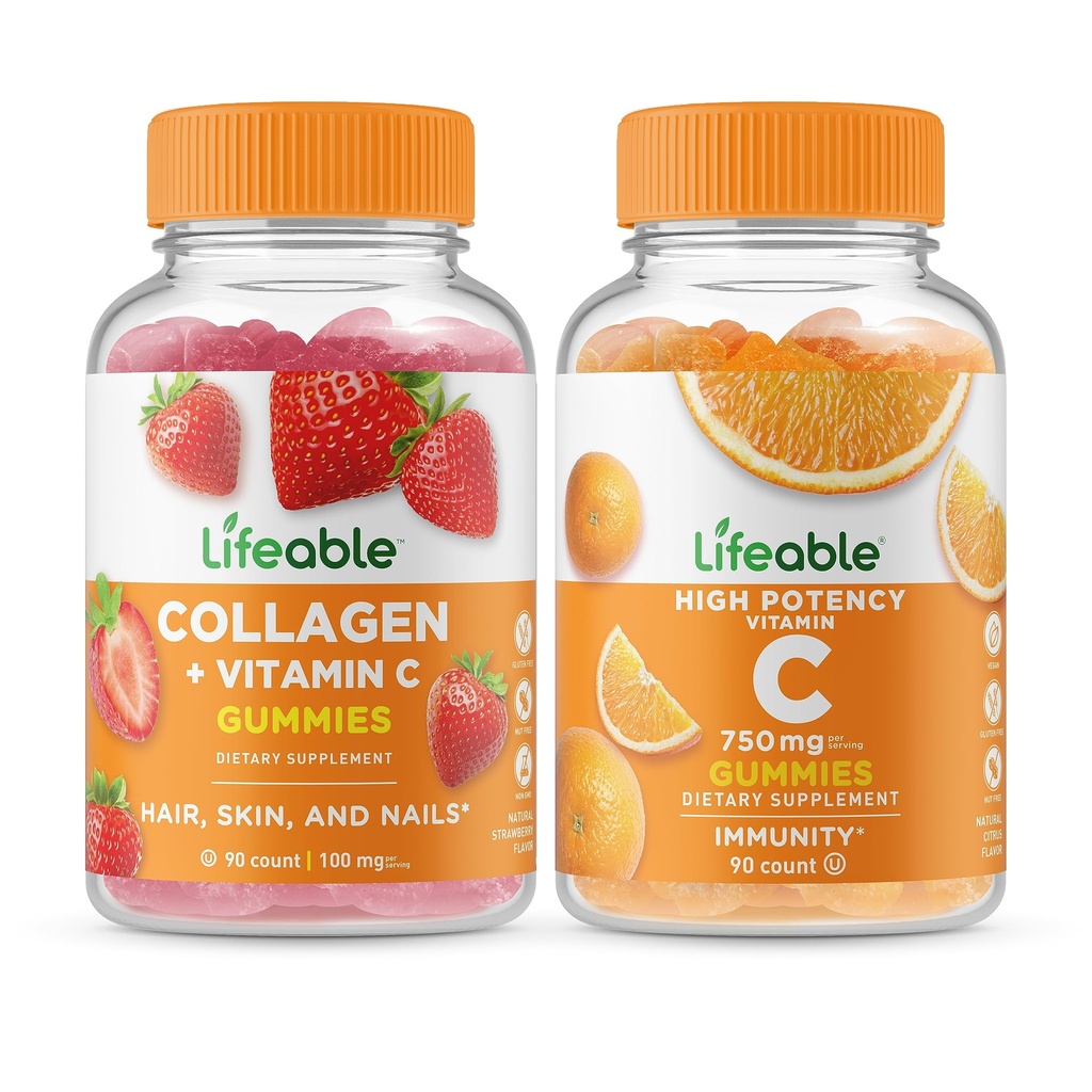 Livlig Collagen & Vitamin C + Vitamin C 750mg, Gummies Bundle - Great Tasting, Vitamin Supplement, Gluten Free, GMO Free, Chewable Gummy