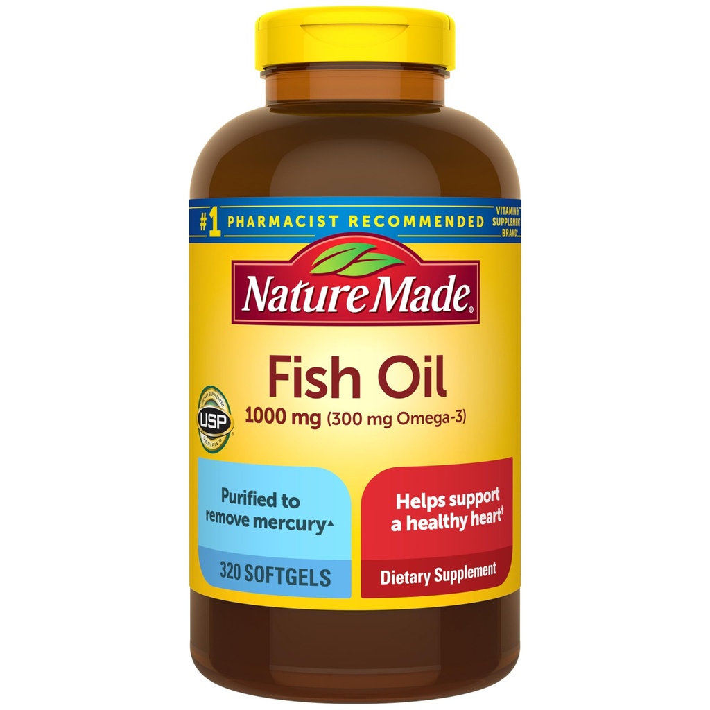 Nature Made Fish Oil Omega 3 Supplements, 1000mg Softgels, Omega 3 Fish Oil for Healthy Heart Support, 320 Softgels, 160 Day Supply