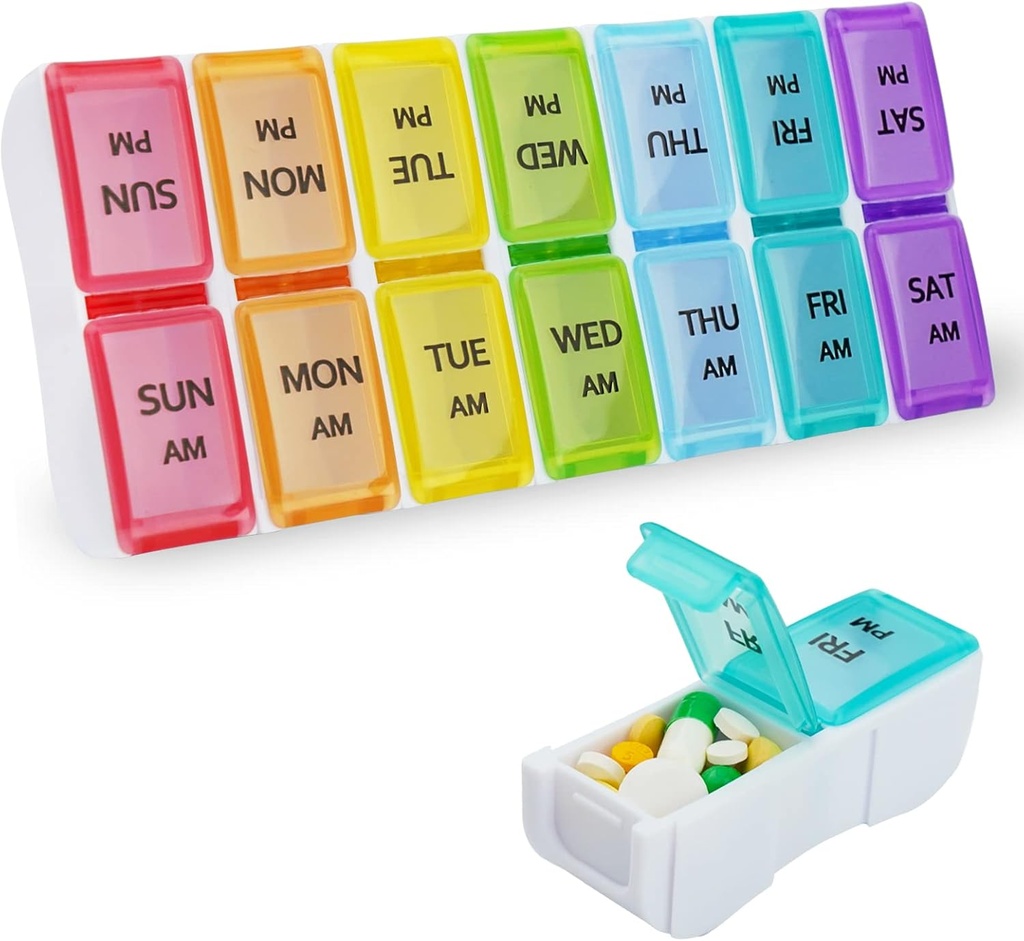 DailyRest Pill Organizer 2 gånger om dagen, Pill Box 7 Day, AM PM Pill Case, Detachable Weekly Pill Container, Rainbow See-Through Lids, Travel Portable Medicine Container för Pill / Vitaminer / Tillskott
