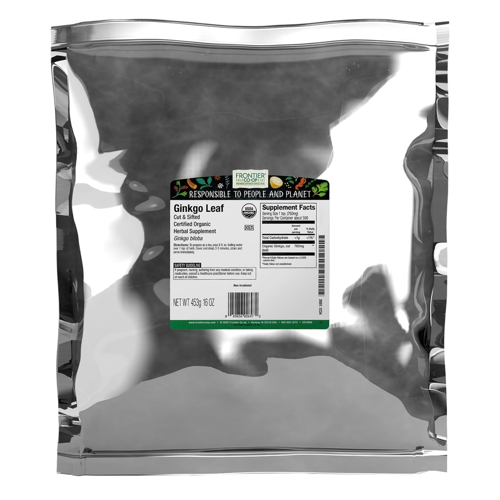 Frontier Co-op Organic Ginkgo Leaf, 1lb Bulk Bag, Cut och Sifted | Torkad Ginkgo Biloba Leaf | Perfekt för Te och Herbal Uses, Kosher