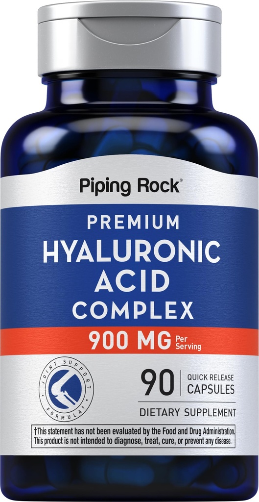 Piping Rock Hyaluronic Acid Capsules | 900mg | 90 Pills | Tillägg med MSM och Collagen | Premium Komplex för kvinnor och män | Non-GMO, Gluten Free