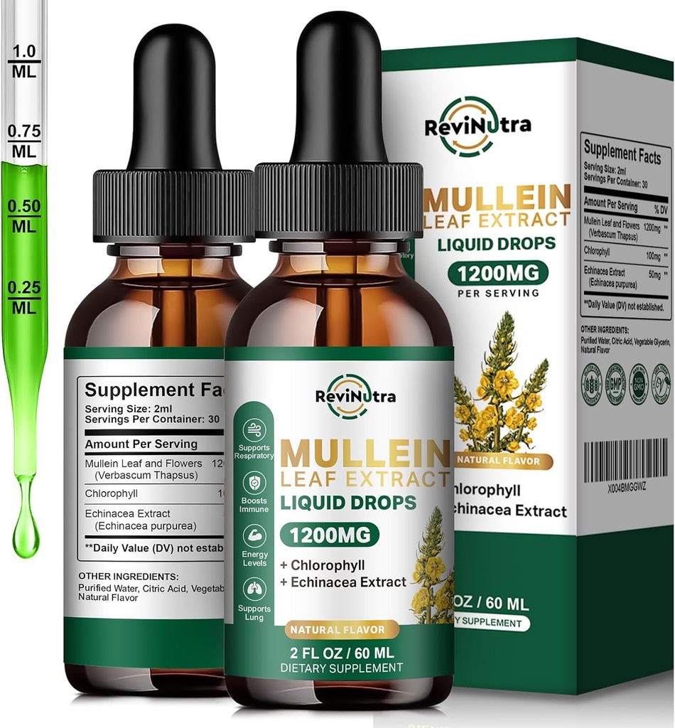 2 Pack Mullein Drops för Lungs, 1200mg Mullein Leaf Extract Liquid Drops med klorofyll för Lung Cleanse & Detox, Stöd för andning, Immune, Digestive System