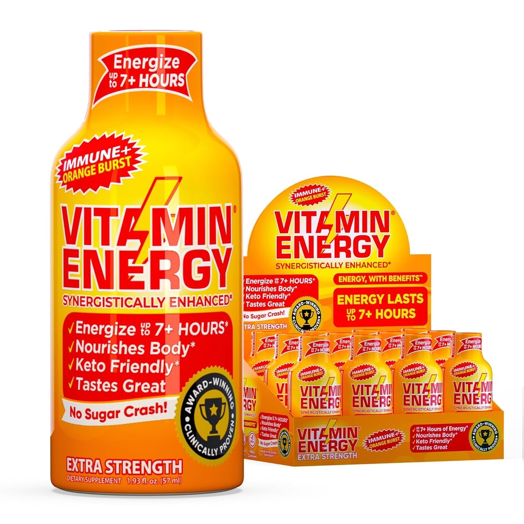 Vitamin Energy Immune+ Extra Strength Energy Shot – Orange Burst – 100% DV B-Vitaminer & 260mg Koffein – Zero Calories, Sugar-Free, Vegan – Immunity & Energy Support – 1.93 fl oz, 12-Pack
