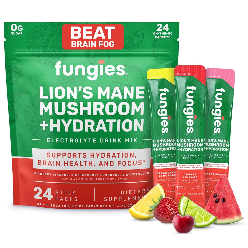 Fungies Electrolyte Drink Mix med Lion's Mane Mushroom & Essential Electrolytes, 24 Variety Pack - Sugar-Free Hydration Supplement Powder för vuxna för hjärnhälsa och fokus - Mushroom Supplement