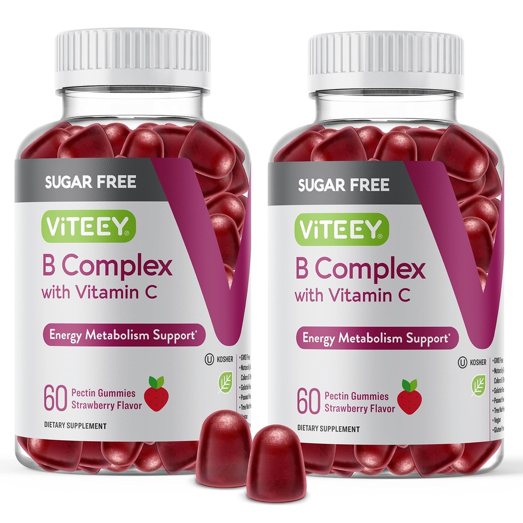 VITEEY Vitamin B Complex Gummies med vitamin C, Sugar Free - Energy, Metabolism & Nerve Health - B6, B12, Folic Acid, Biotin - Vegan, Gelatin Free, GMO Free - Tasty Chewable Strawberry Flavored Gummy